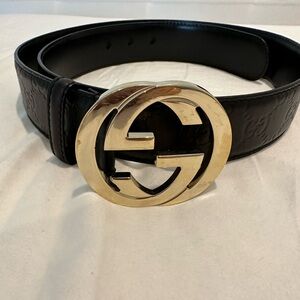 Gucci womens belt black with GG monogram and light gold GG buckle